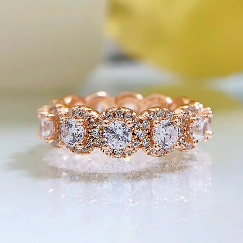Купи The new 925 silver rose gold full diamond row diamond ring ring Europe and the United States AliExpress cross-border за 1,437 рублей в магазине AliExpress