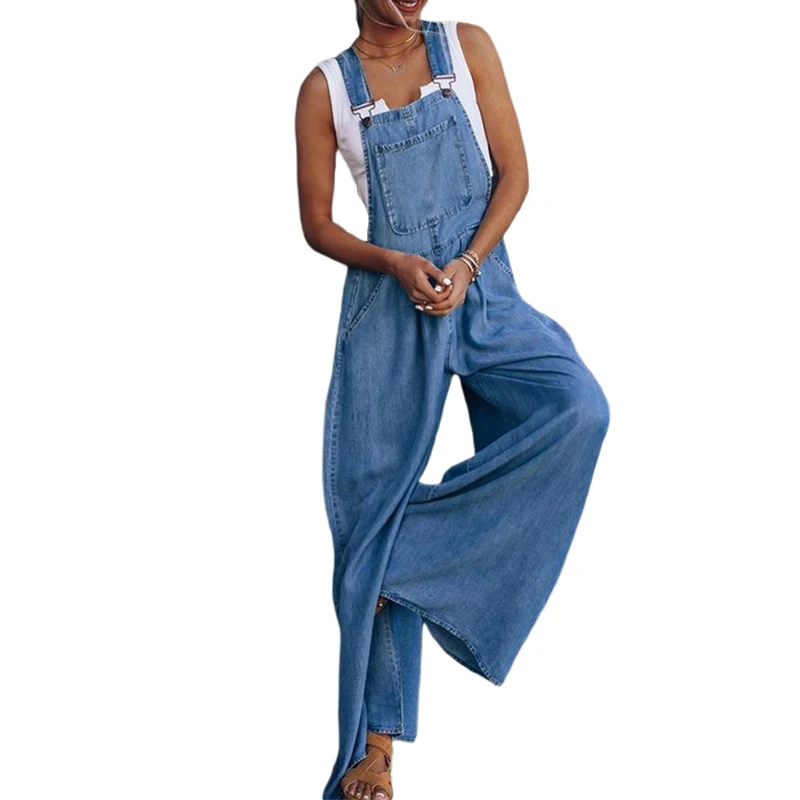 

Kayotuas Women Jumpsuit Denim Loose Wide Leg Strap Suspender Jeans with Pocket Ladies Romper Overall Leotard Playsuit Streetwear