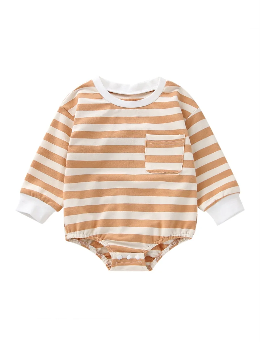 

Детский Повседневный комбинезон S с длинным рукавом, модные комбинезоны в полоску с круглым вырезом и карманами, треугольные комбинезоны