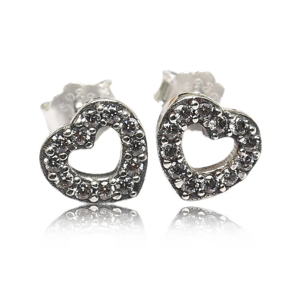 

Pave Openwork Heart Stud Earring For Women Authentic S925 Sterling Silver Jewelry Lady Girl Birthday Gift
