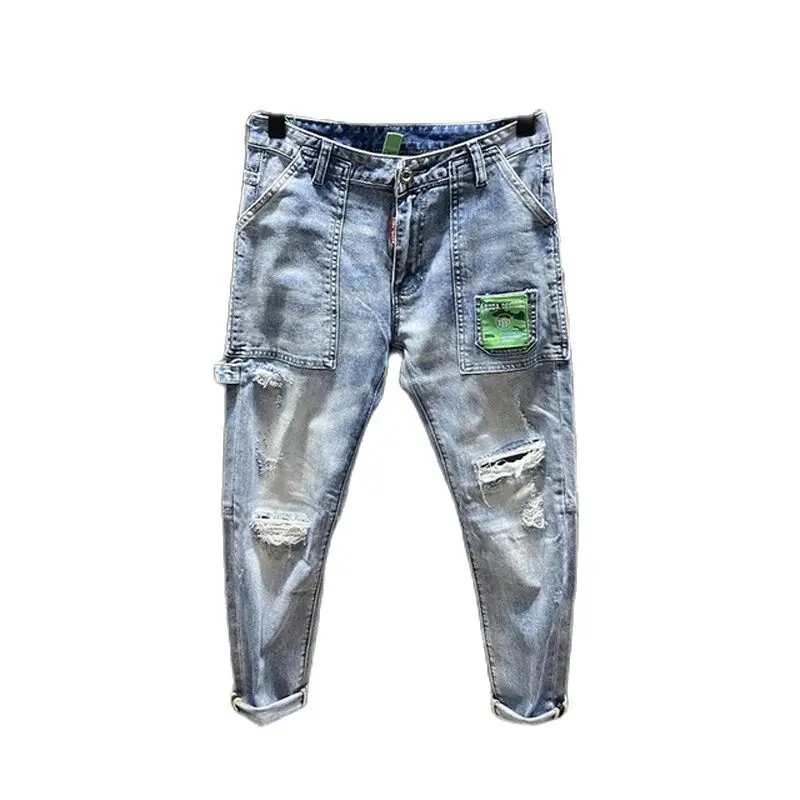 

Korean Fashion Men 2022 Washing Big Pockets Ripped Cargo Jeans Men's Spring Autumn Small Feet Distressed Harem Cropped Trousers