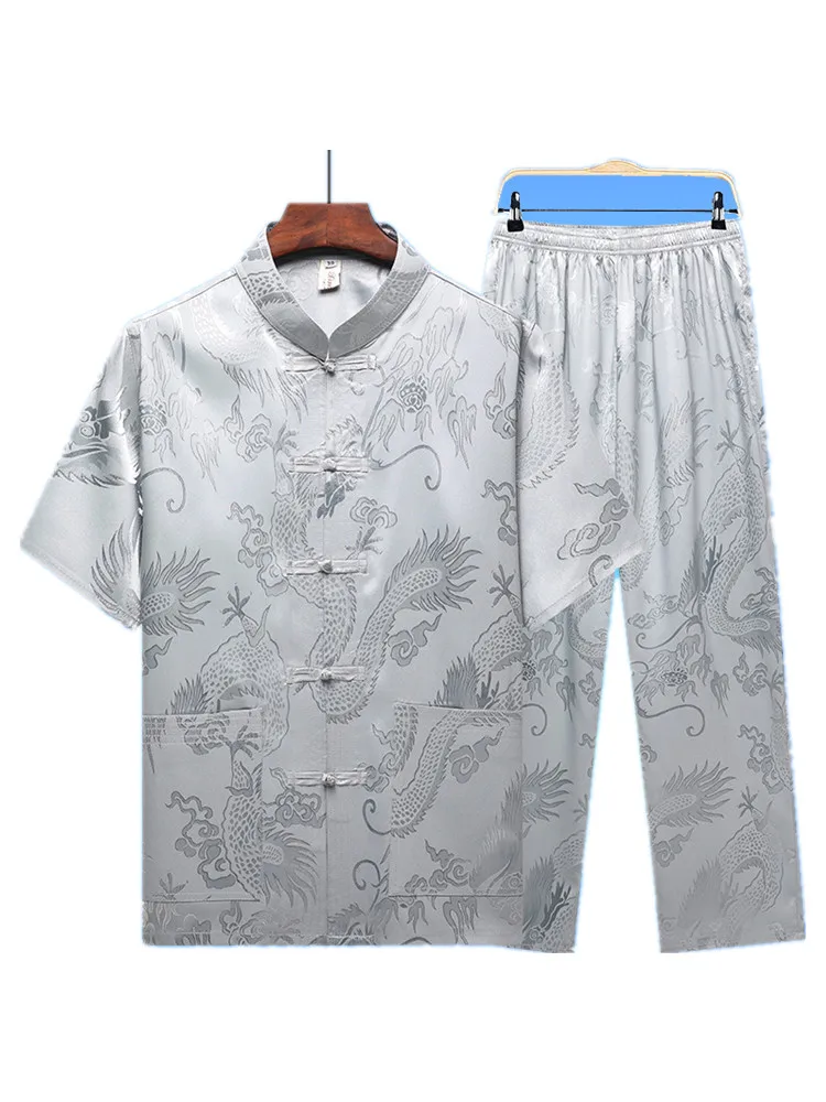 

Summer Chinese Style Linen Tang Suit Dragon Embroidery Traditional Clothing Men Short Uniform Retro Short Sleeve Shirt Pants Set