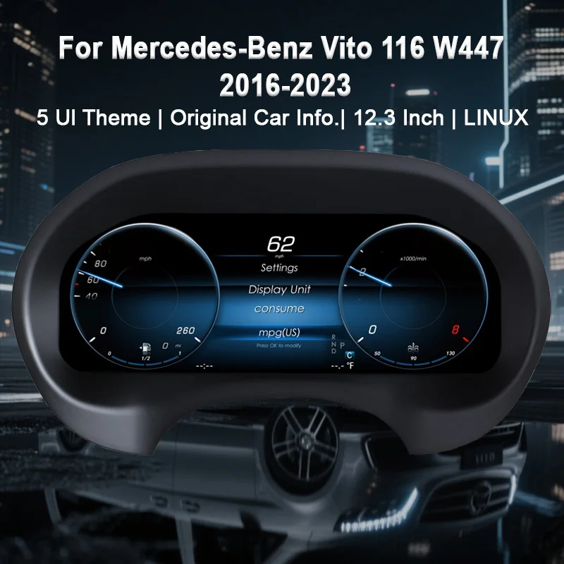 

Цифровой комплект приборов для Mercedes Benz Vito 116 W447 2014-2023, спидометр, приборная панель, калибр 12,3 дюйма, полный ЖК-дисплей CarPlay