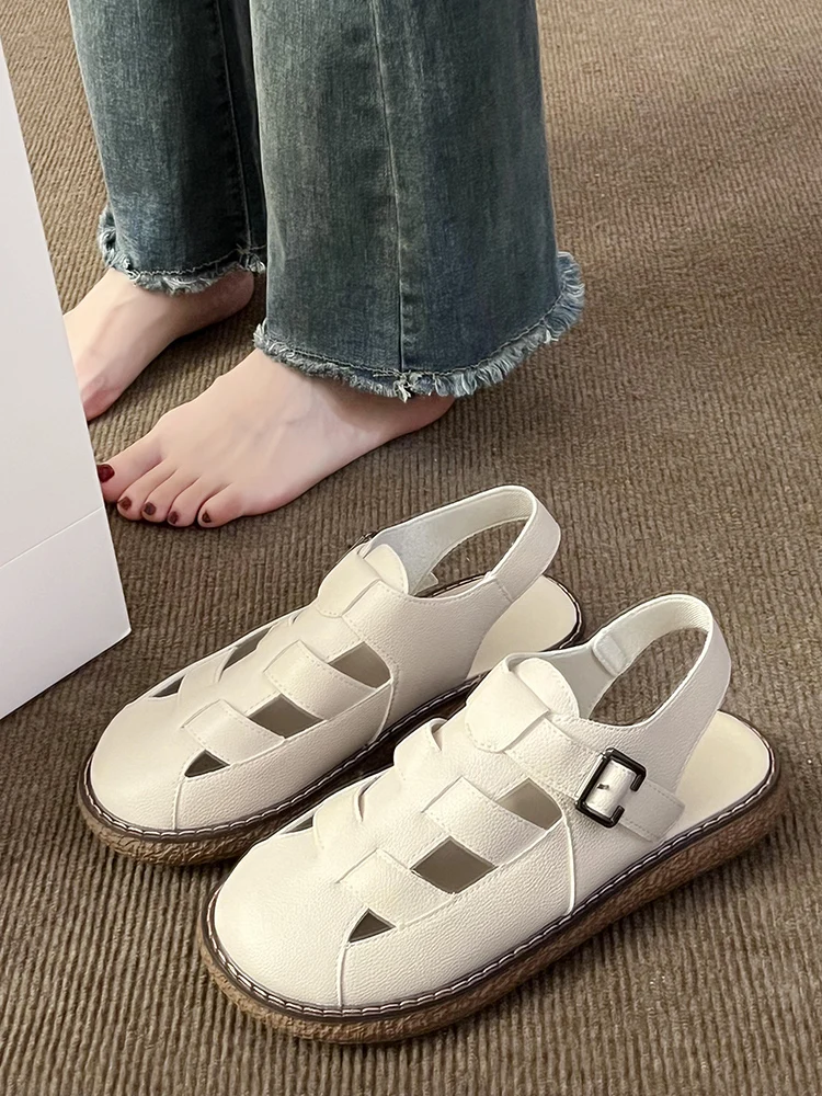 

Beige Heeled Sandals Soft Breathable Retro Woman Shoes 2023 Summer Med All-Match Black Gladiator Original Closed Medium Comfort