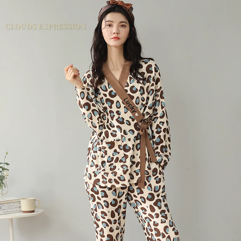 

Spring Autumn New Women's Pajamas Sets Long Sleeved Floral Casual Pajamas Knitted Cotton Home Sleepwear Lounge Homewear M-2XL