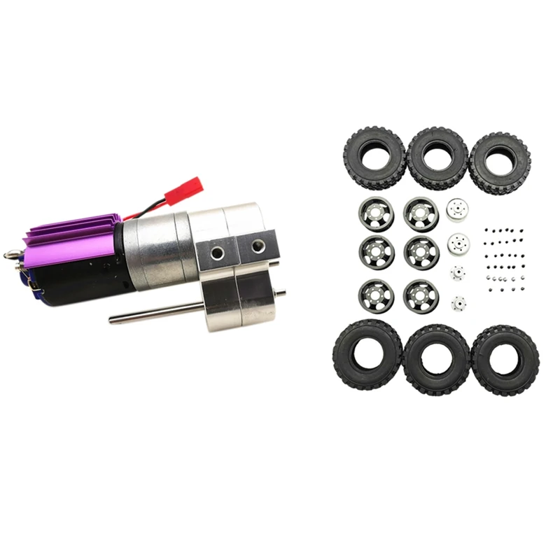 

2 Set RC Car Part: 1 Pcs Upgraded Metal Transfer Gear Box With 370 Motor & 1 Set DIY Double Tire Metal Wheel Kit