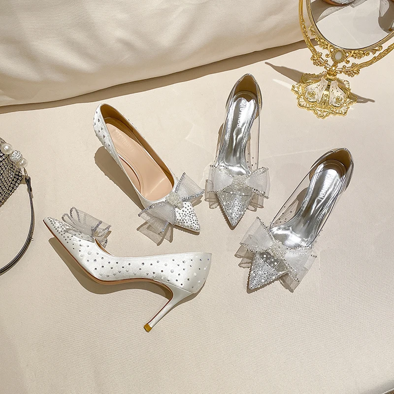 2023 New Summer Women's High Heels Rhinestone Bowknot Pointed Toe Small Fragrance Crystal Stiletto French Transparent Shoes
