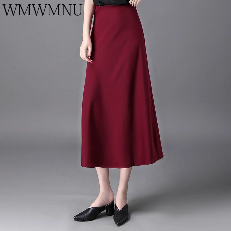 

Satin Women Skirts Elegant Luxury Acetate Mid-Calf A-Line Dress Female Mujer Korean Solid Basic Bottom Wear Spring Summer Trendy