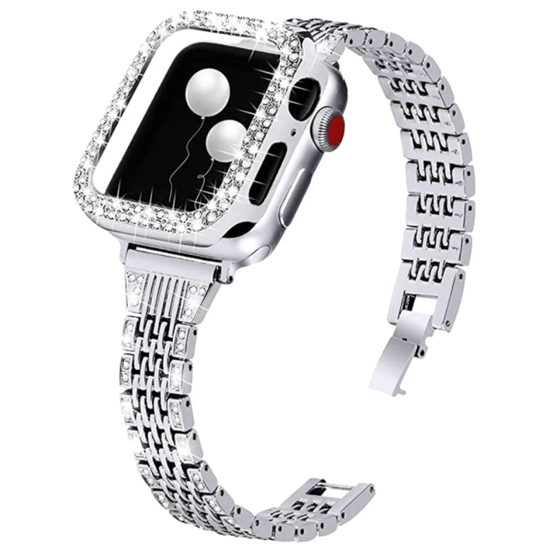 Stainless Steel Metal Strap For Apple Watch Band 8 7 6 44mm 40mm 45mm 42mm Diamond Case Women Bracelet For iWatch Series SE 5 3