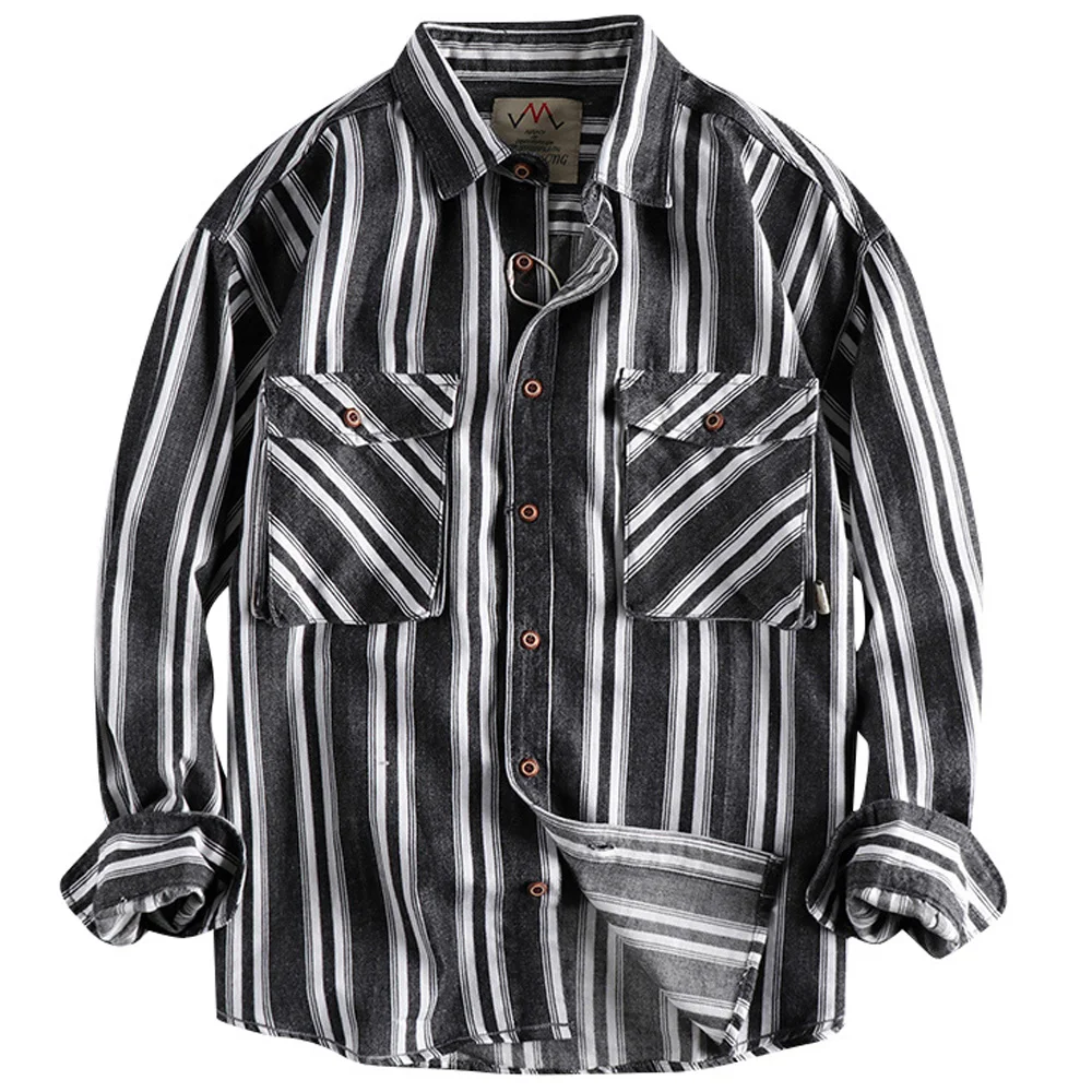

Vertical Men for Striped Long Sleeved Mens Single Breasted Outerwear Business Shirt Strretwear American Designer
