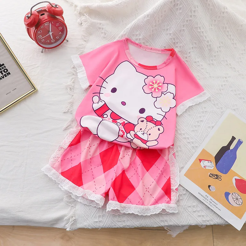 

Милый Летний детский пижамный комплект Hellokittyed Kawaii аниме Sanrio Cinnamoroll My Melody Kuromi мультяшная Милая Футболка домашняя одежда