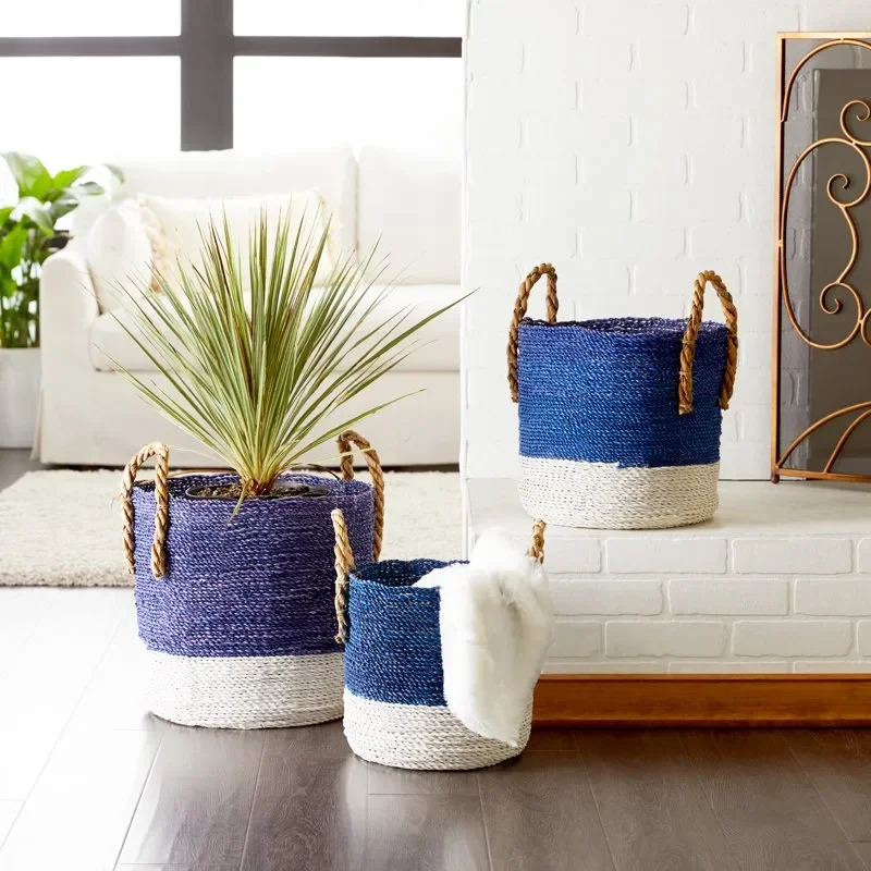 

17", 15", 13"W Blue Seagrass Handmade Two Toned Storage Basket with Handles, 3-Pieces