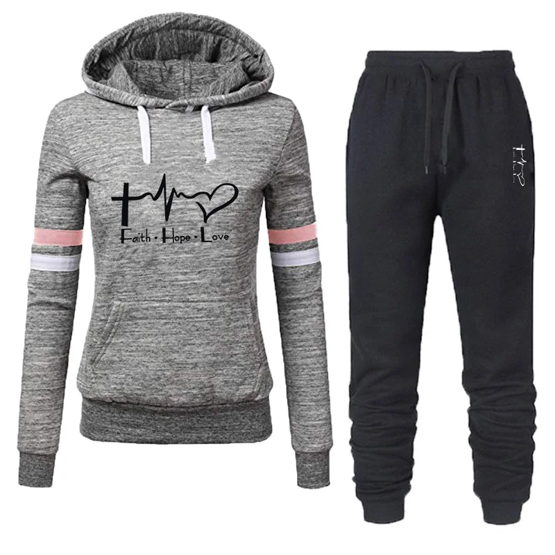

Casual Stitching Two Piece Women's Pullover Jacket Hoodie + Jogger Pants Set High Quality Sports Suit Ladies Fleece Warm Set