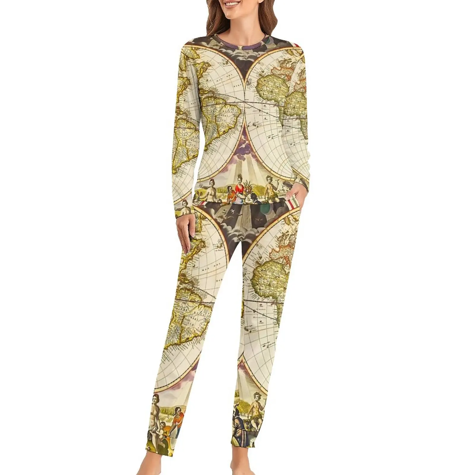 

Винтажная Пижама с картой земли, осенняя винтажная Пижама оверсайз с длинным рукавом для спальни, романтический домашний костюм на заказ