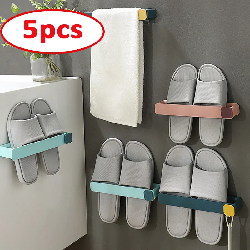 

5 шт. полка для тапочек для ванной комнаты, без пробивания отверстий, настенный цельный стеллаж для обуви, компактная полка, подвесная полка ...