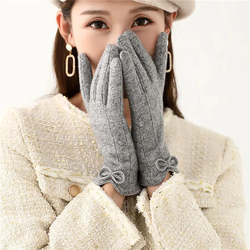 

Winter Women Knited Warm Leather Bow Driving Mitten Female Plus Plush Thick Sport Cycling Glove