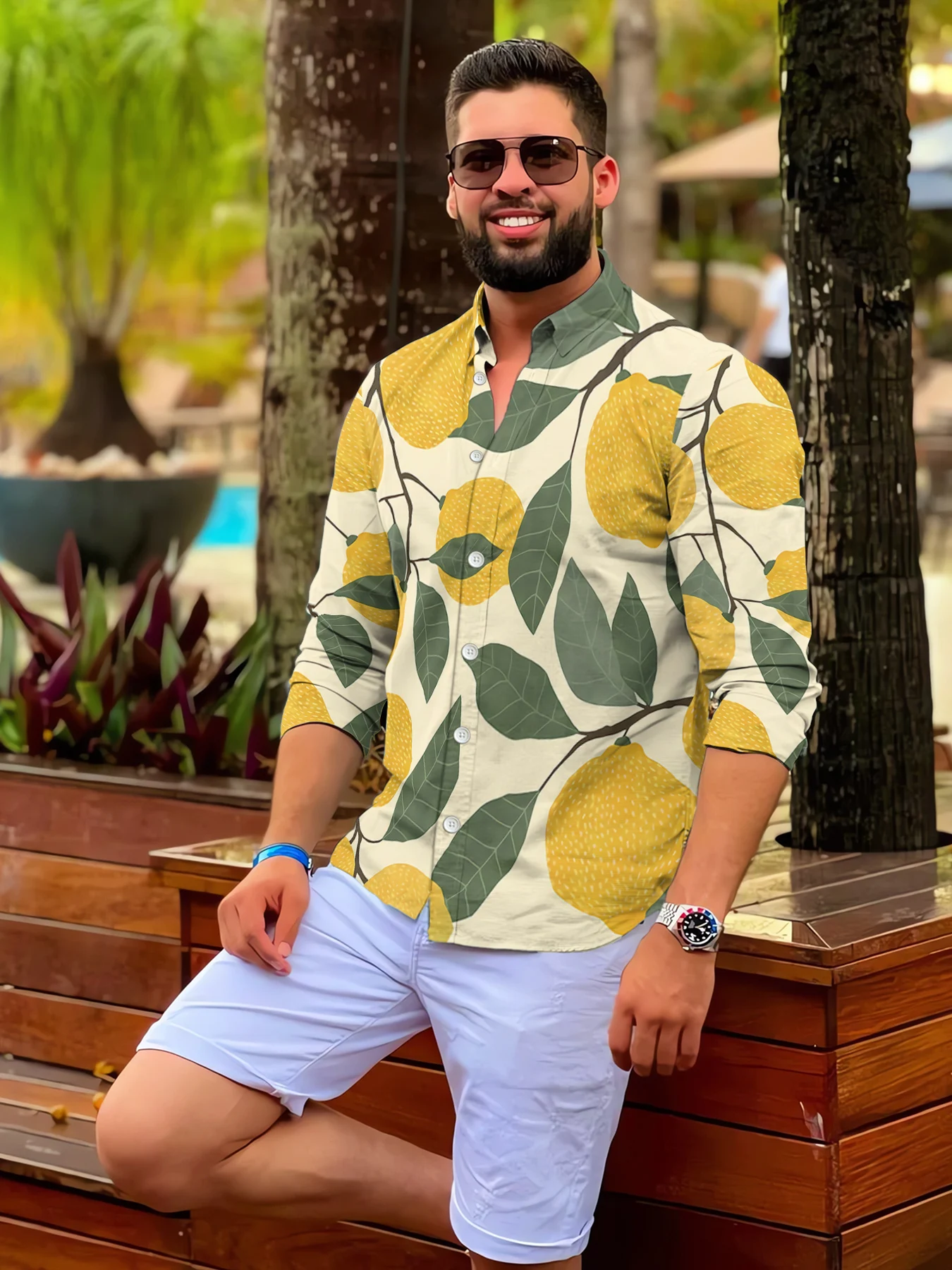 

Мужская рубашка с длинным рукавом, принтом свежих лимонов и лацканами