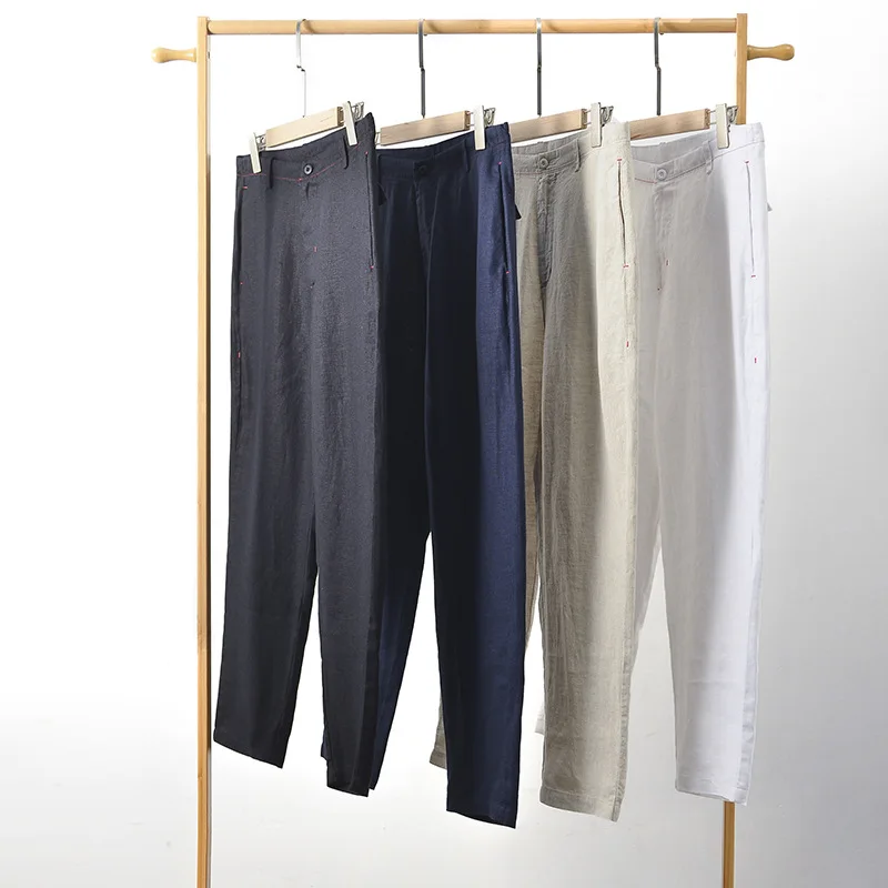 2023 Summer Solid Color Loose Men's Linen Casual Pants Mid-waist Thin Style Straight Leg Small Straight Foot Nine Points Pants