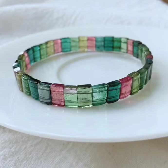 

Natural Colorful Tourmaline Crystal Bracelet 7.4x4.5x2.5mm Clear Rectangle Beads Green Tourmaline Brazil Women Jewelry AAAAAAA