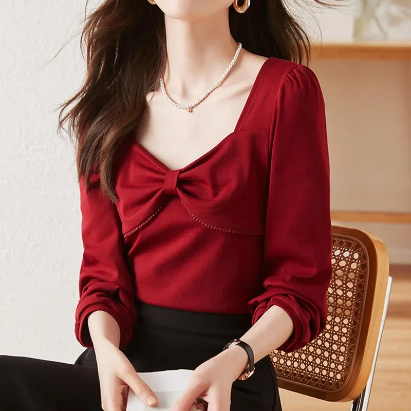 Новая женская блузка с длинным рукавом и бантом квадратным воротником рубашка