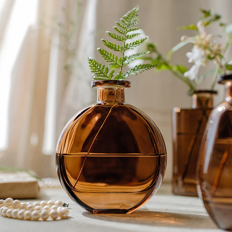 

Nordic Light Luxury Glass Bottle Brown Color Small Vase Living Room Office Desktop Flower Arrangement Simple Flower Device