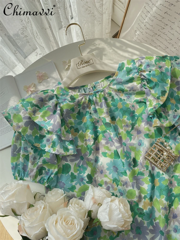 

Girly Style French Pastoral Floral Flower Ruffled Shirt 2022 Summer Wear New Fashion Slim Fit Temperament Blouse Women's Top