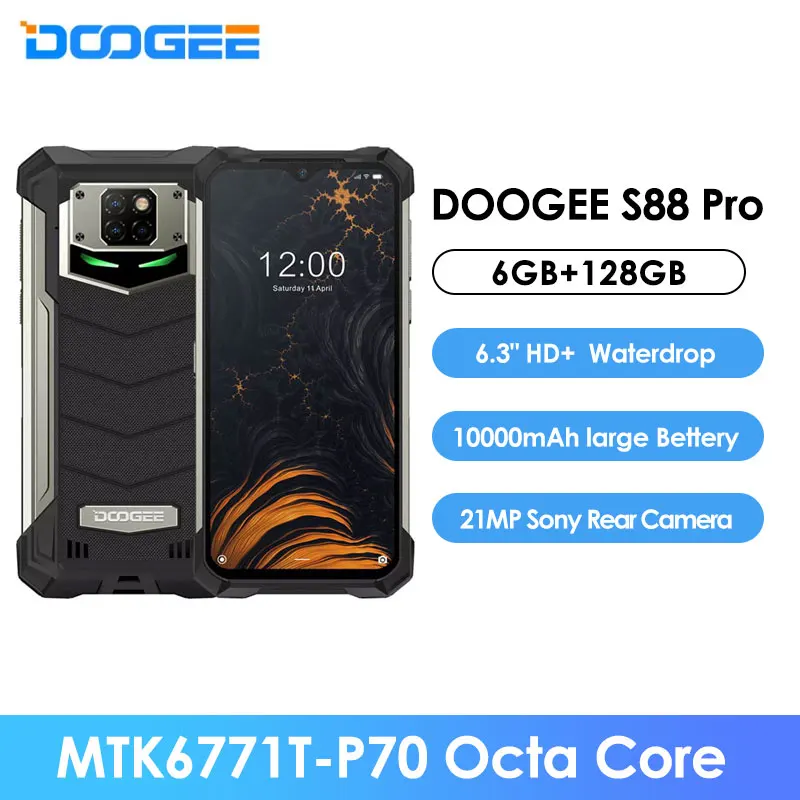 

DOOGEE S88 Pro IP68 IP69K Rugged Phone 10000mAh 6.3'' FHD+ Cell phone Helio P70 Octa Core 6GB 128GB Android 10 SmartPhone