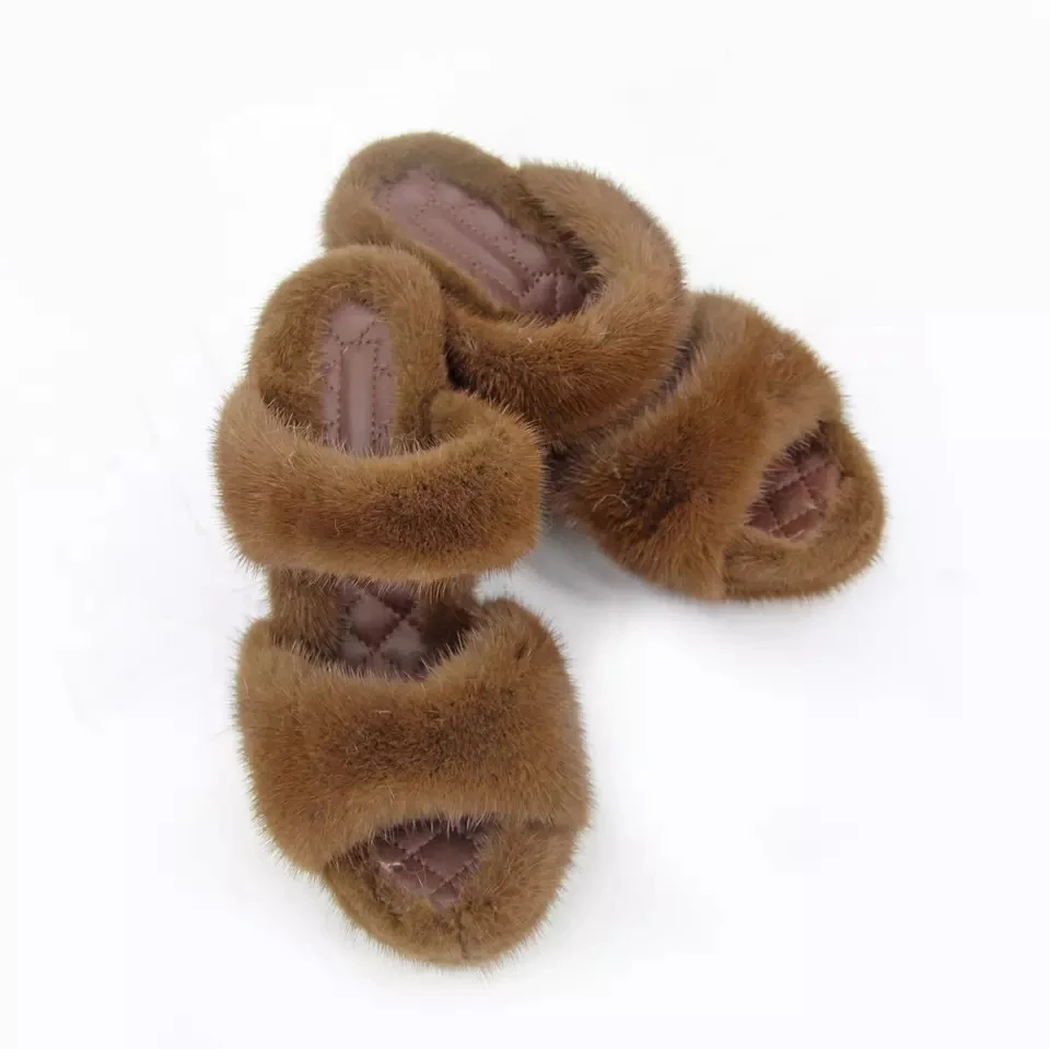 

Summer New Women Fashion Fluffy Real Mink Fur Slippers With Fur High Heels Women Sandals