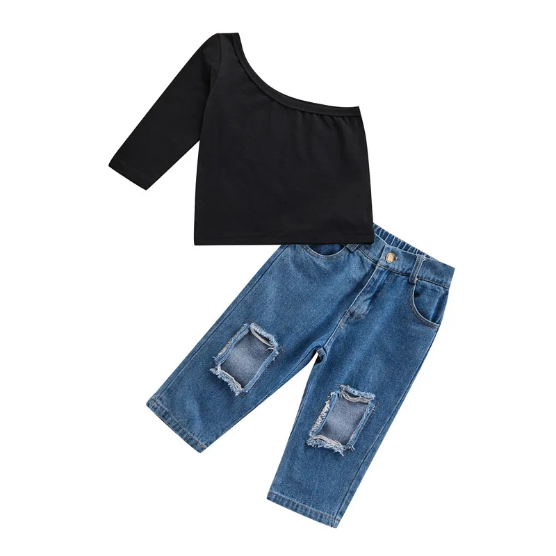 

Pudcoco 1-5T 2Pcs Infant Kids Baby One Shoulder Tops+Denim Jeans Decorated with Holes Casual Style Loose Spring Clothing