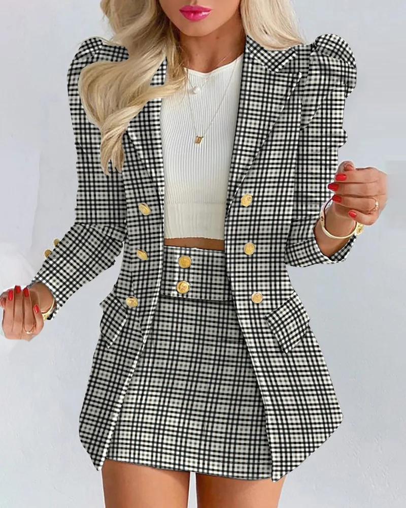 

Plaid Print Puff Sleeve Buttoned Blazer Coat & Skirt Set Women Long Sleeve Jackets Blazers High Waist Skirt Office Lady
