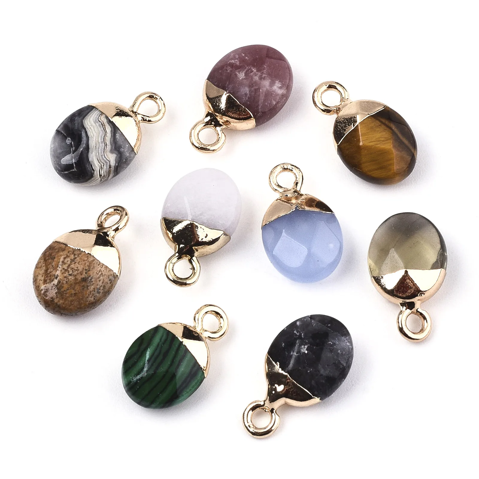 

10pcs Natural Stone Pendants Oval Shape Charm Faceted Malachite Quartz Tiger Eye Pendant for Jewelry Making Necklace Earrings