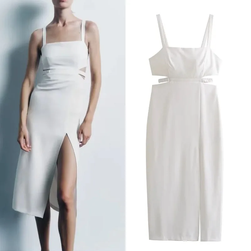 

TRAF Cut Out Midi Dress Women Clothes Straight Neck Strap Dresses Waist Open With Elastic Strap Dress Front Slit At Hem Vestidos