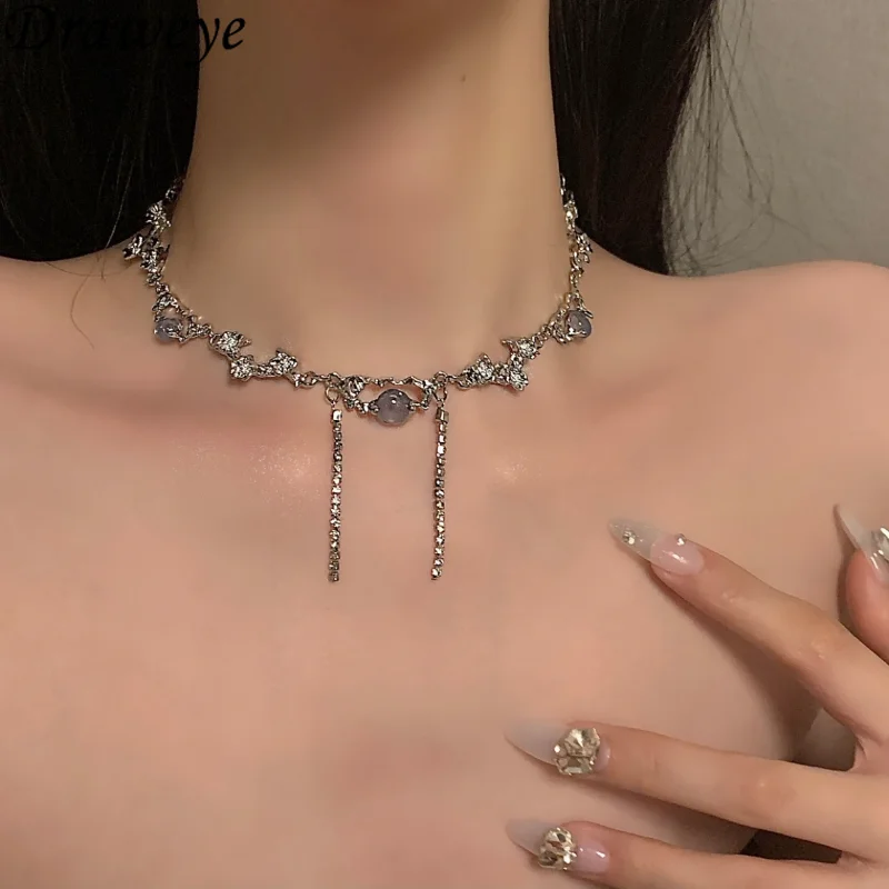 

Draweye Zirconia Necklaces for Women Y2k Korean Fashion Tassels Vintage Collares Para Mujer Metal Simple Design Jewelry