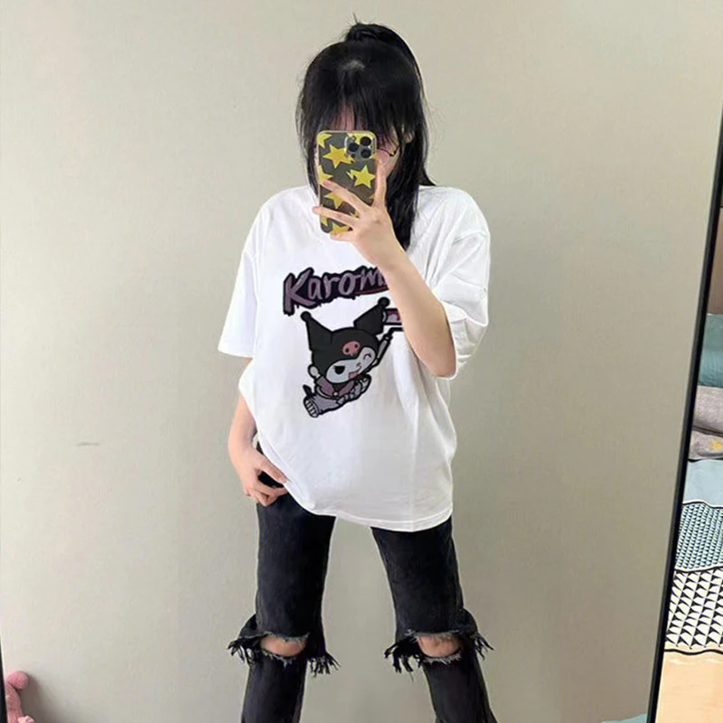 

Kawaii Sanrio Kuromi летняя Модная рубашка с коротким рукавом с мультяшным принтом милая девушка Y2K Свободные повседневные хлопковые топы одежда под...