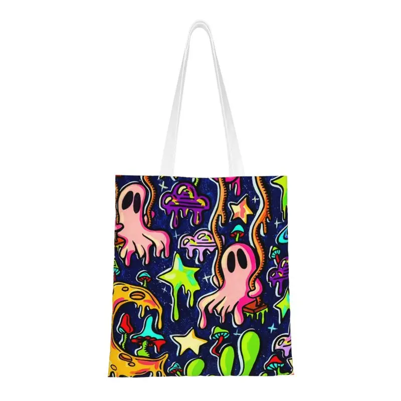 

Fashion Printing Trippy Skull Magic Mushroom Tote Shopping Bag Recycling Canvas Shoulder Shopper Spooky Ghost Swings Handbag