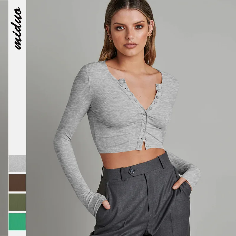 

Новый весенний кардиган на пуговицах, короткий вязаный Топ с длинным рукавом и пупком, кофта женская в Корейском стиле