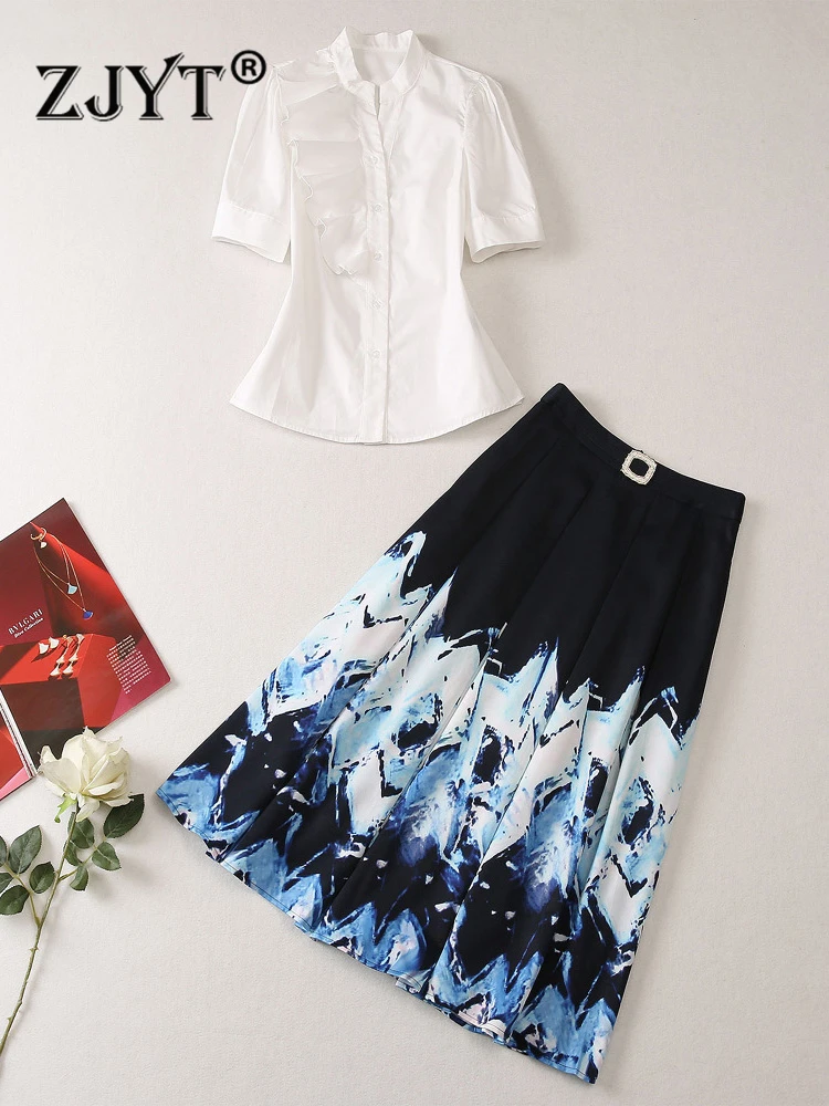 

ZJYT Summer White Blouse Print Skirt Matching Set Elegant Dress Sets 2 Piece Women Outfit Conjuntos De Vestidos Ensembles Robe