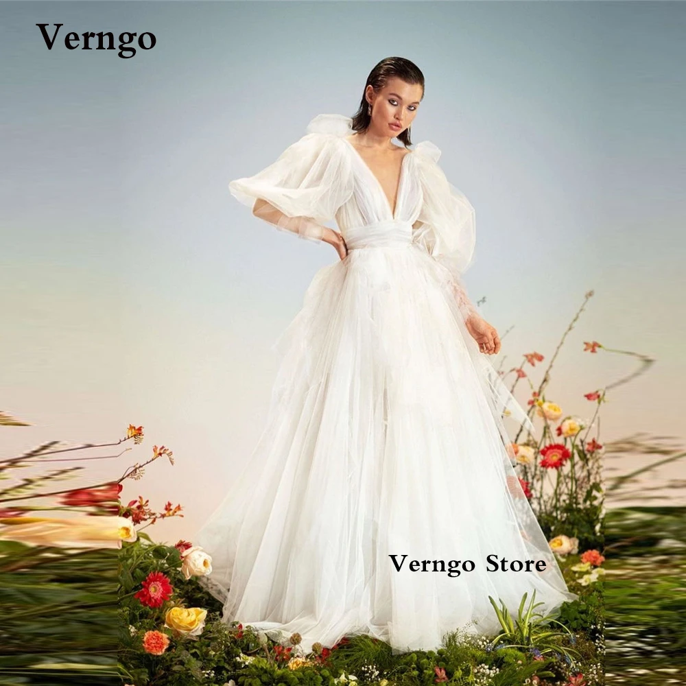 

Verngo Boho A Line Tulle Wedding Dresses Puff Long Sleeves V Neck Princess Korea Garden Bridal Gowns Simple Robe de mariage