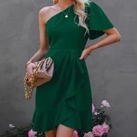 casual slim ladies mini dress womens 2022 spring and summer new ruffle dress solid color design sense one shoulder party dress