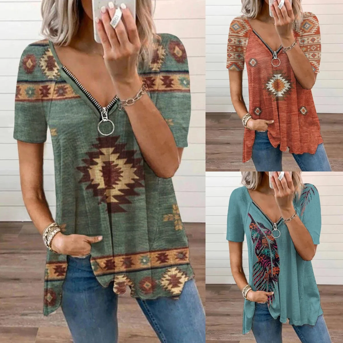 

Женские топы на молнии с V-образным вырезом, Женские топы с коротким рукавом и этническим принтом в Западном ретро-стиле, Повседневная Свобо...