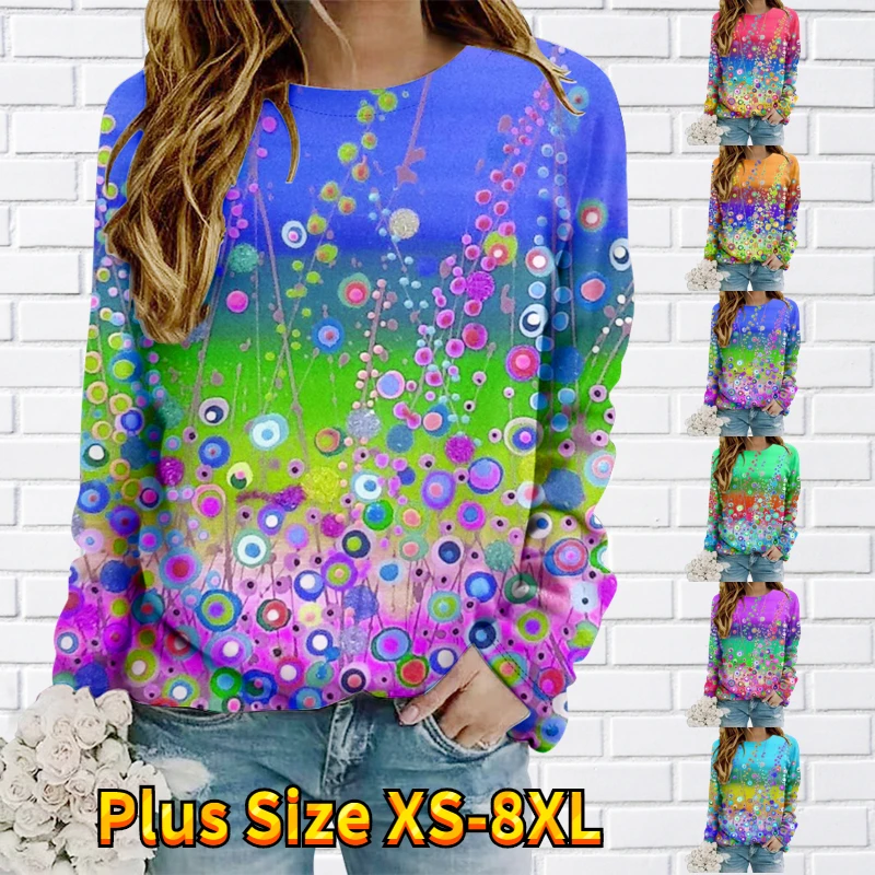 

2022 New Vintage Loose T-shirt Round Neck Print Long Sleeve Elegant Top Autumn Winter Women's Everyday Street Pullover Sweater