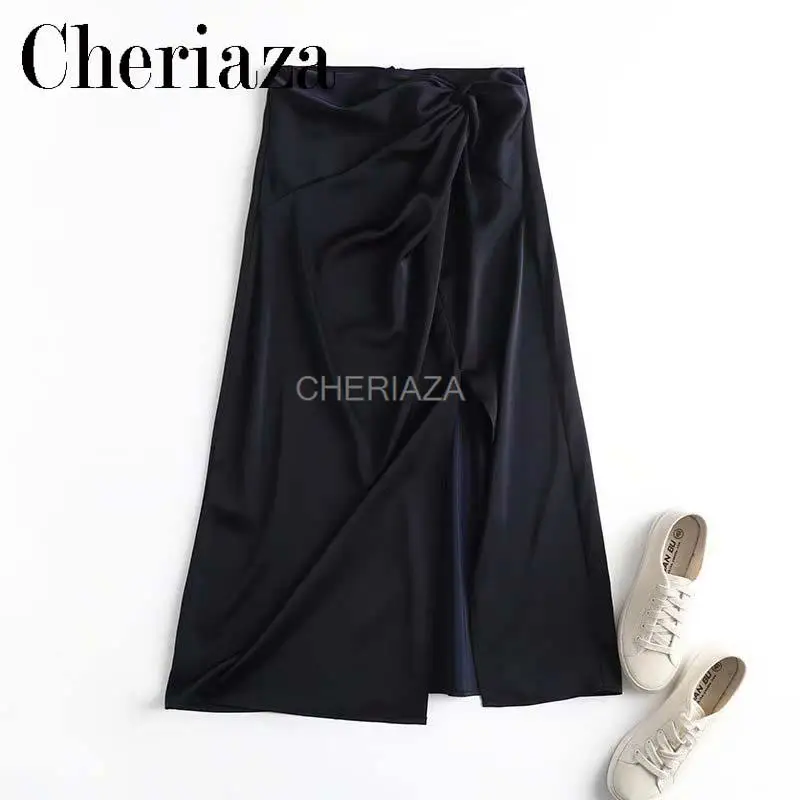 

CHeriaza Spring New Knot Split Design Cuprammonium rayon Women's Simple Style Skirt