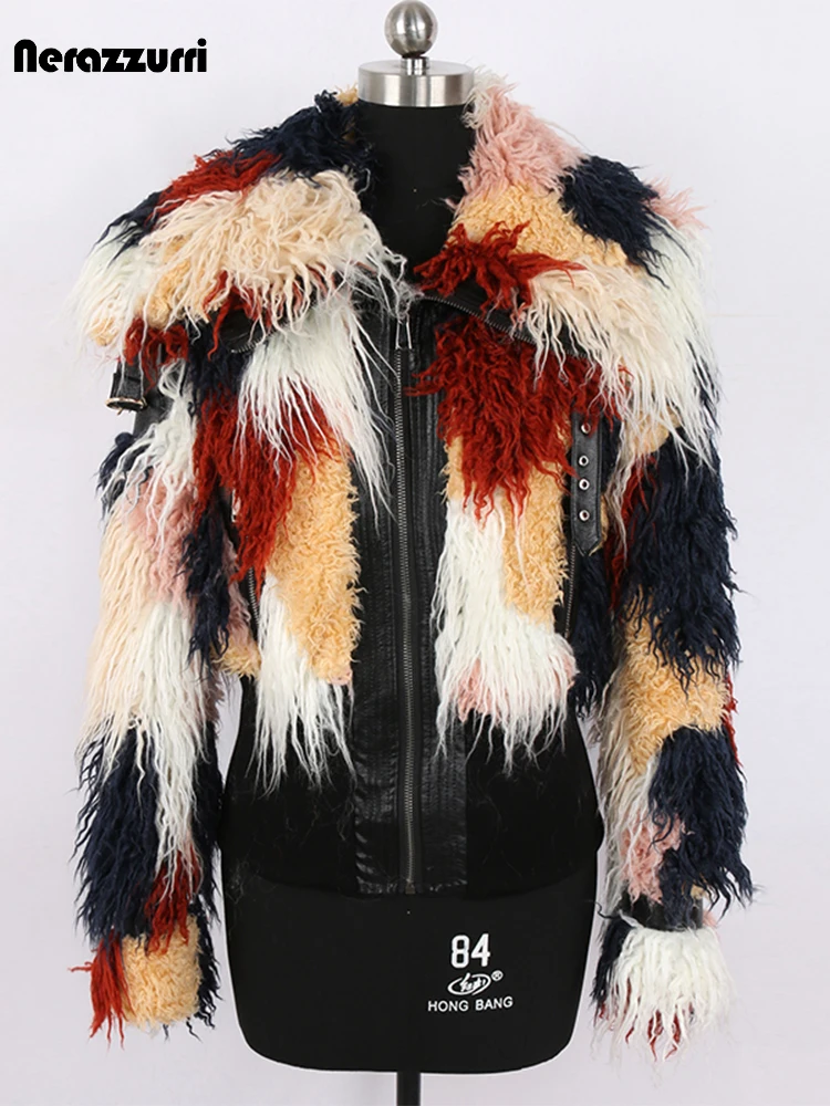Nerazzurri Winter Stylish Warm Hairy Shaggy Colorful Faux Fur Coat Women Long Sleeve Zip up Runway Designer Fluffy Jacket 2022