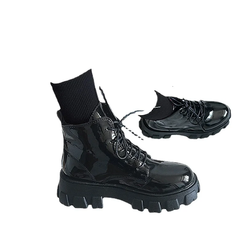 Women Platform Punk Rock Shoes Woman Harajuku Ankle Boots Booties Luxury Designer Patent Leather Chunk Shoes New 2022