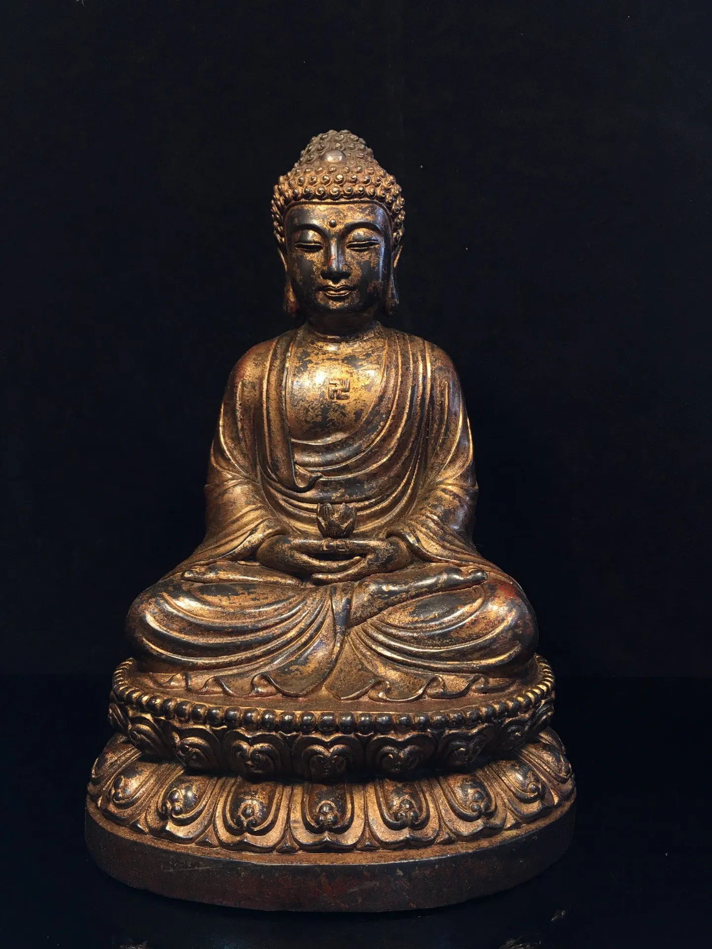 

12"Tibet Temple Collection Old Bronze Cinnabar Gilding Amitabha Sakyamuni Lotus Stage Buddha Worship Hall Town house Exorcism