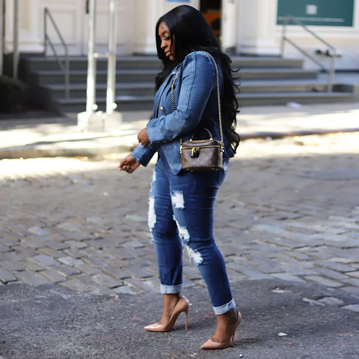 Женская джинсовая куртка на пуговицах облегающий двубортный пиджак с длинным