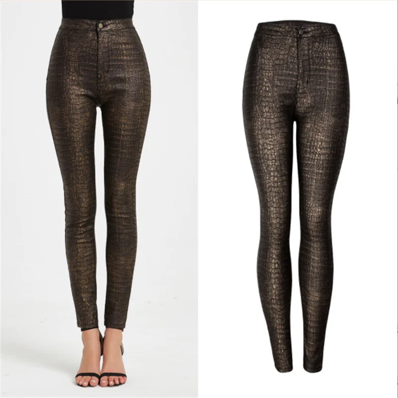 

Autumn New Women's Pants Tight Fashion High Waist PU Leather Sexy Pencil Pants Black Gold Elastic Crocodile Pattern Trousers