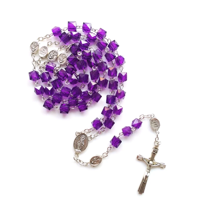 Jesus Cross Pendant Necklaces for Women Catholic Virgin-Mary Religious Prayer Rosary Necklace Long Crystal Bead Chains