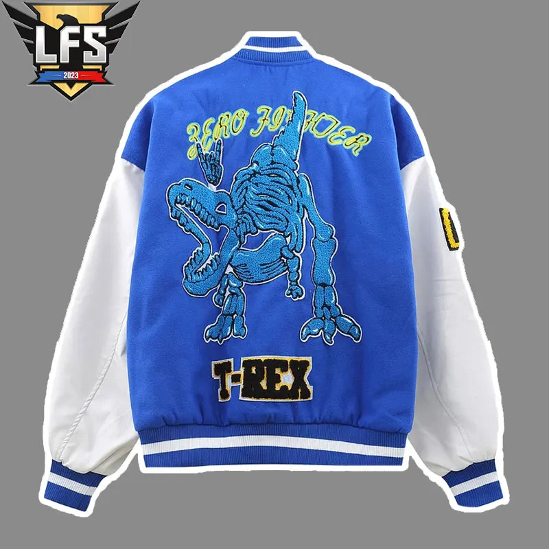 

2023 Streetwear Bomber Jackets Hip Hop Varsity Baseball Jacket Men Skeleton Dinosaur Embroidery Patchwork College Coat Winter