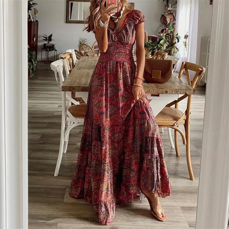 

Summer V Neck Dress Women Vintage Tribal Print Shirred Waist Maxi Casual Elegance Dresses Female Vestidos
